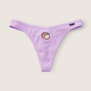 Victoria’s Secret PINK COTTON THONG PANTY Purple Petal Coconut Embroidery Medium